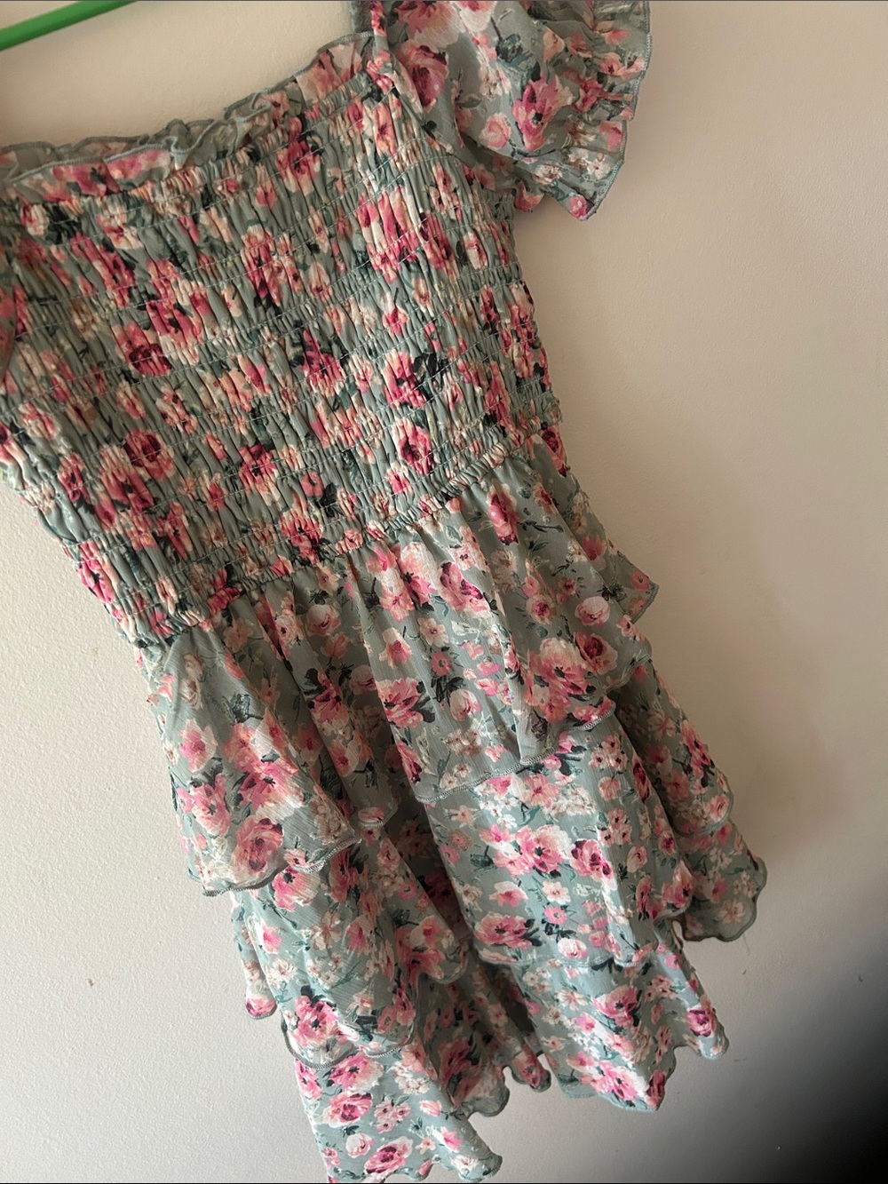 Floral Ruffle Tiered Mini Dress in Sage and Pink